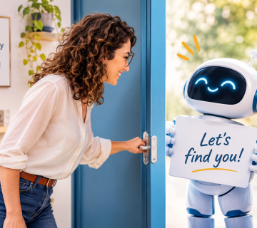 אישה פותחת דלת לרובוט AI ידידותי, המסמל את הנגשת האתר למנועי בינה מלאכותית ושיפור הנראות בחיפוש AI
