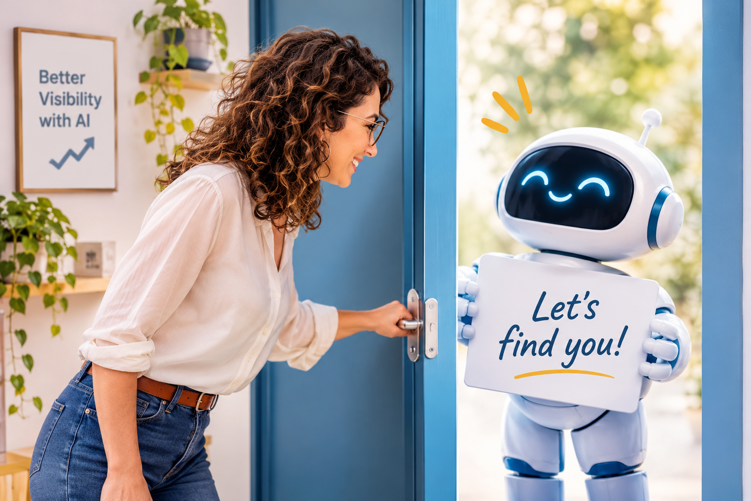 אישה פותחת דלת לרובוט AI ידידותי, המסמל את הנגשת האתר למנועי בינה מלאכותית ושיפור הנראות בחיפוש AI 